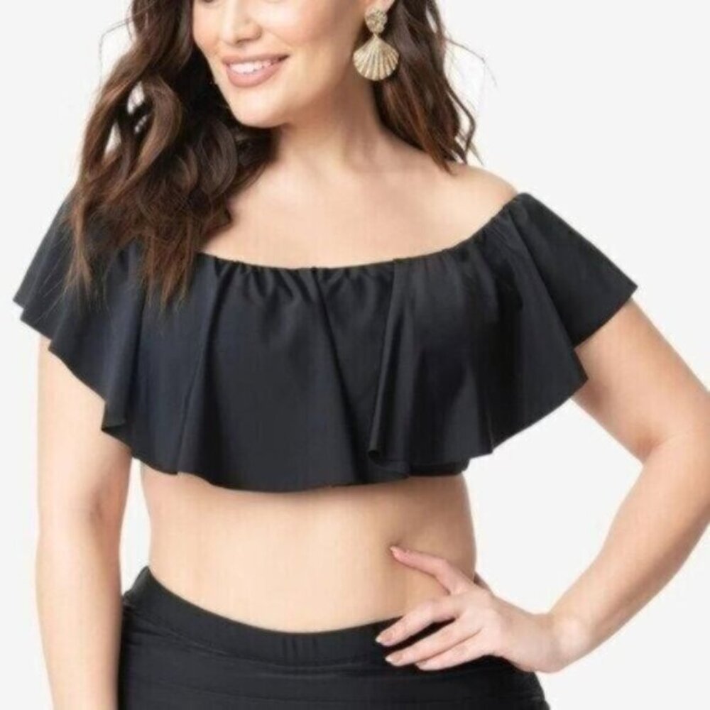 Unique Vintage Size 1X Black Ruffled Ramona Swim Top NWT